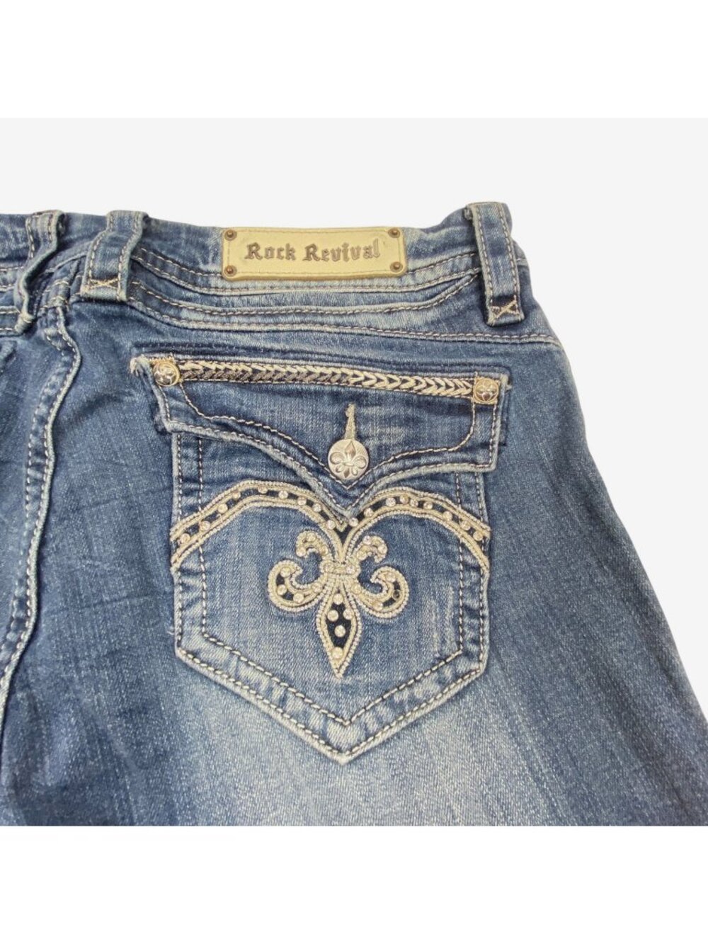 Rock Revival Jeans Womens Size 32 Sasha Flare 33 Inseam Rhinestone Buckle Denim